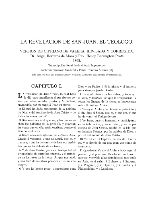 Imágen de la primera página de la transcripción del Apocalipsis RV1865.